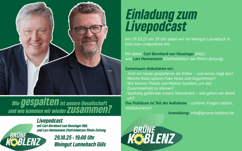 Flyer für die Veranstaltung "Wie gespalten ist unsere Gesellschaft und wie kommen wir wieder zusammen?" Alle Informationen im Fließtext
