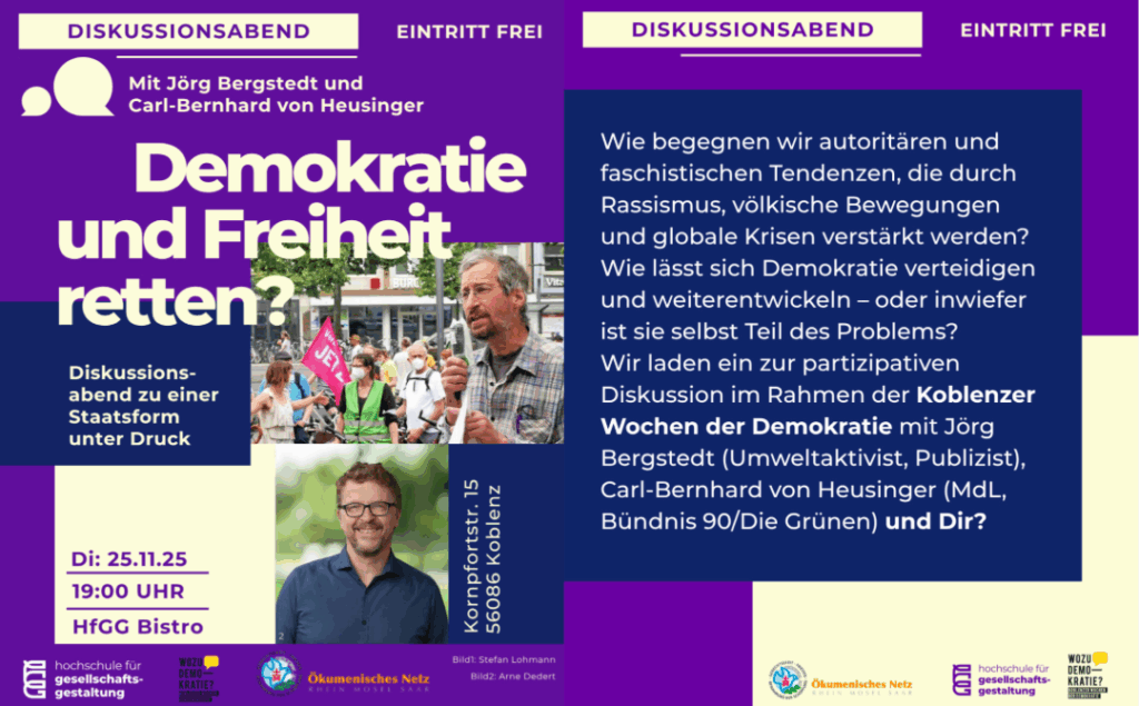 Flyer zur Veranstaltung "Demokratie und Freiheit retten" mit Fotos von Jörg Bergstedt und Carl-Bernhard von Heusinger. Alle Informationen zur Veranstaltung sind im FLießtext zu finden.