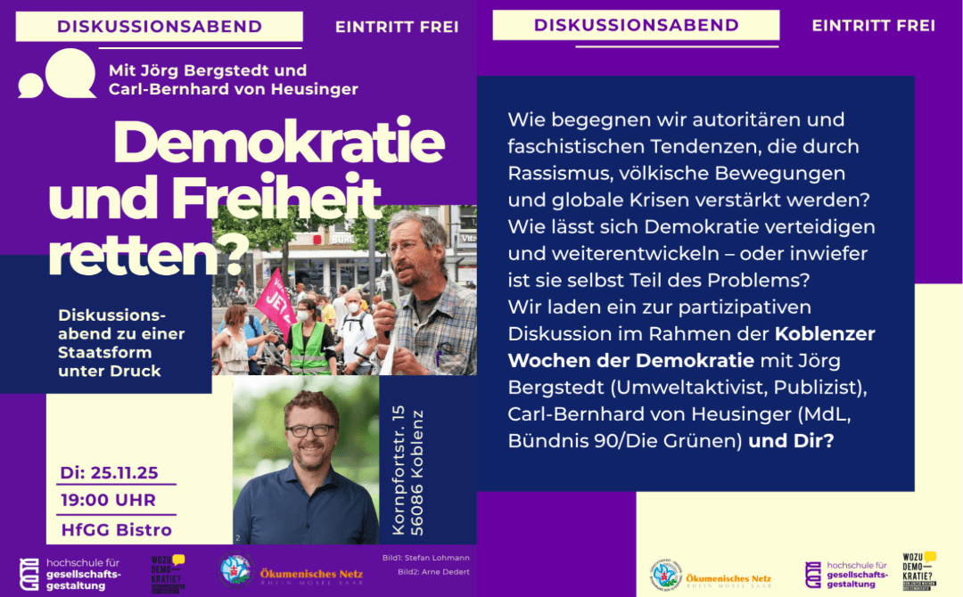 Flyer zur Veranstaltung "Demokratie und Freiheit retten" mit Fotos von Jörg Bergstedt und Carl-Bernhard von Heusinger. Alle Informationen zur Veranstaltung sind im FLießtext zu finden.